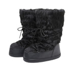Black faux fur lace-up snow boots, mid-calf with thick outsole