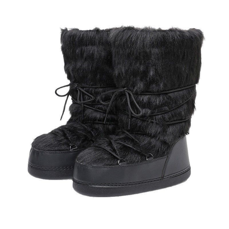 Black faux fur lace-up snow boots, mid-calf with thick outsole