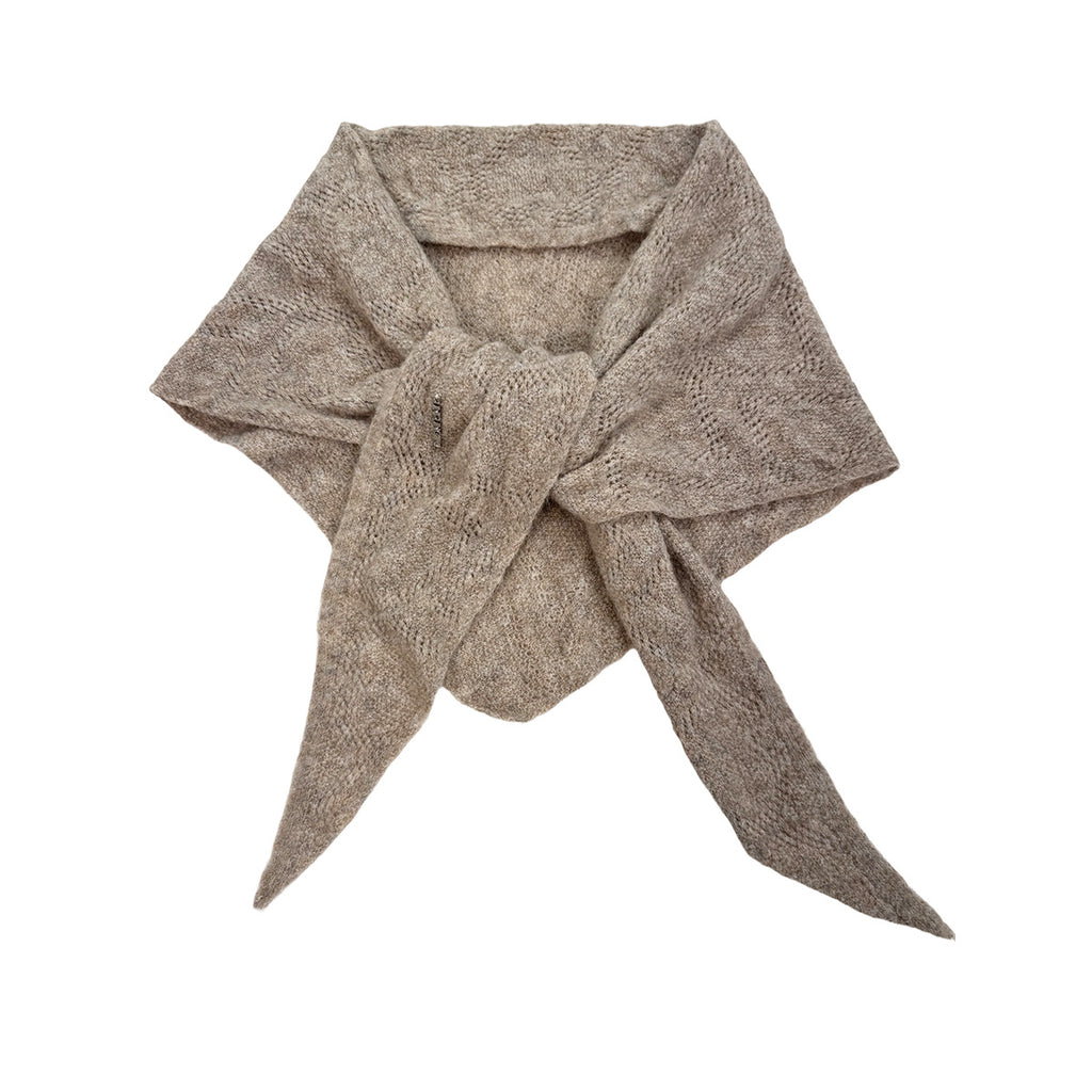 Taupe knit triangle scarf with textured openwork and pointed ends