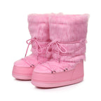 Pink faux fur lace-up mid-calf snow boots with padded cuff and chunky sole