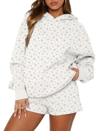 Women's white floral fleece hoodie and shorts set, oversized hood and front pouch pocket