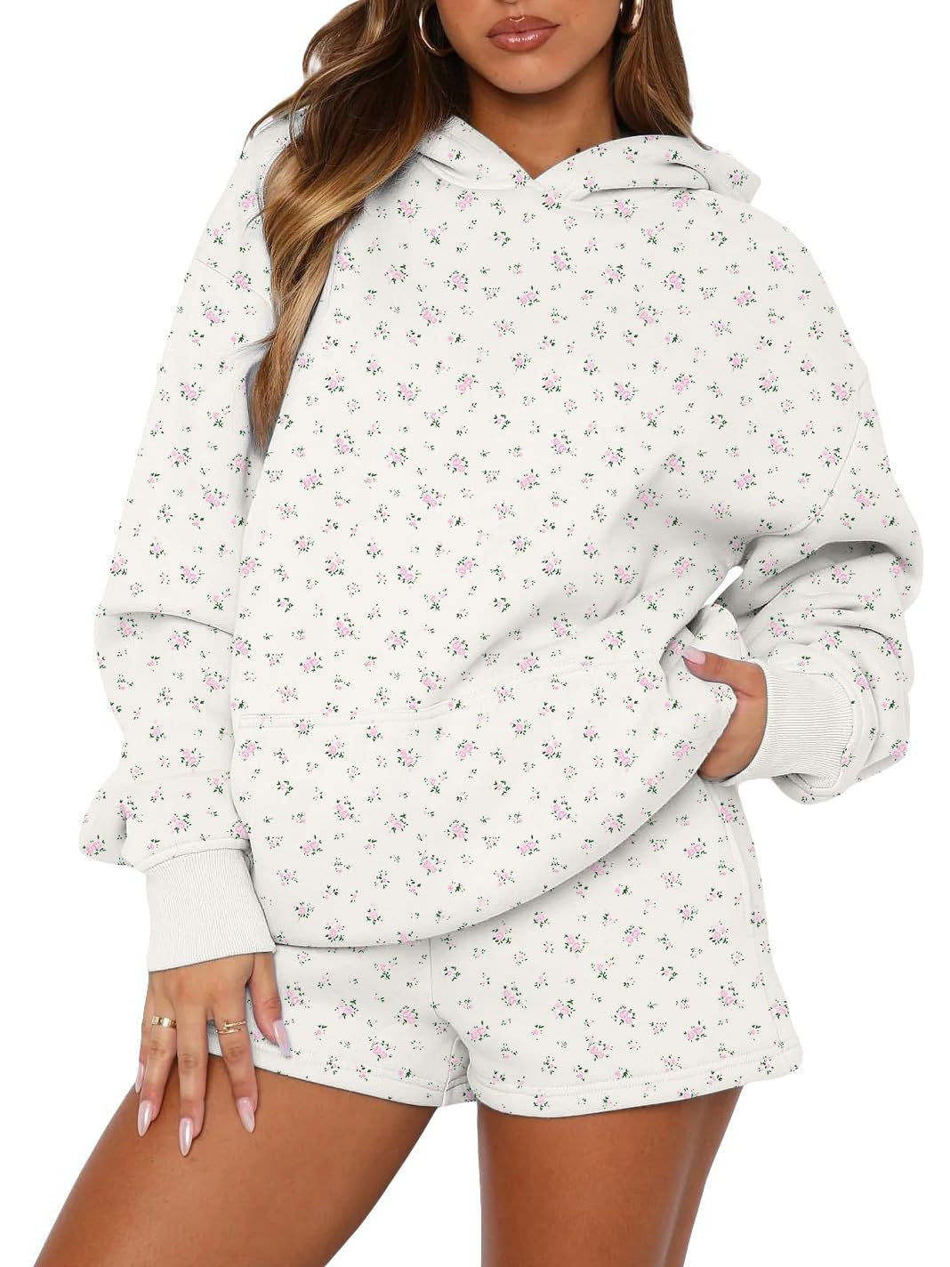 Women's white floral fleece hoodie and shorts set, oversized hood and front pouch pocket