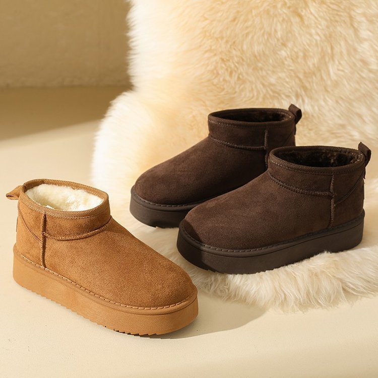 Camel and dark brown faux suede ankle snow boots with mini platform soles