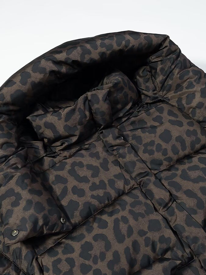 Leopard print puffer jacket close-up with hood lining and quilted shell