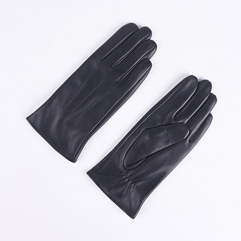 Women's dark leather winter gloves pair, fleece-lined, three-panel stitched design