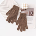 Brown knit winter gloves with ribbed cuffs and five-finger design