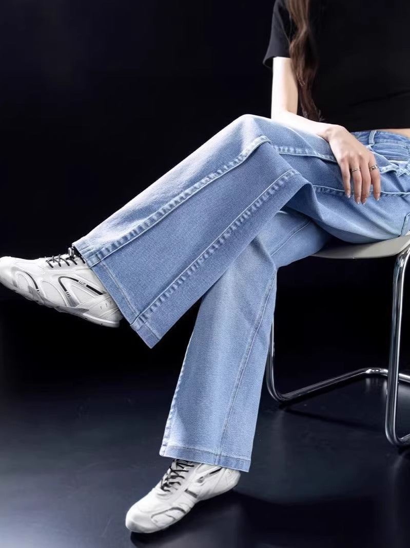 Light blue high-waisted wide-leg jeans with front seam and raw hem cuffs
