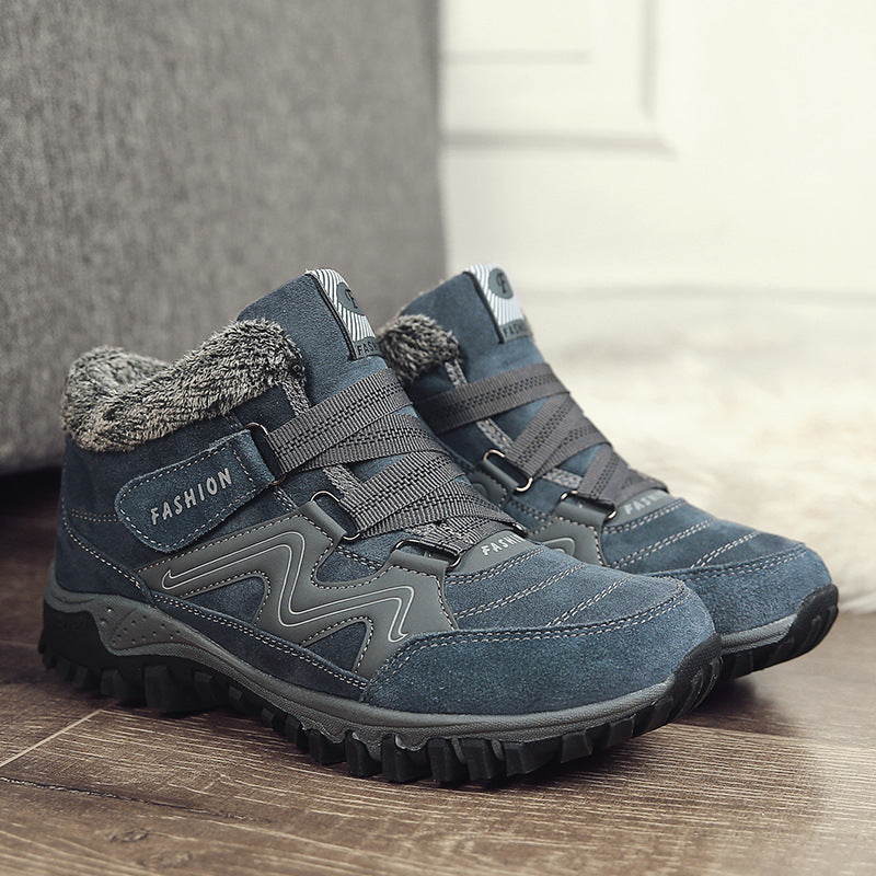 Denim blue snow boots with faux fur lining, hook-and-loop straps, lug sole