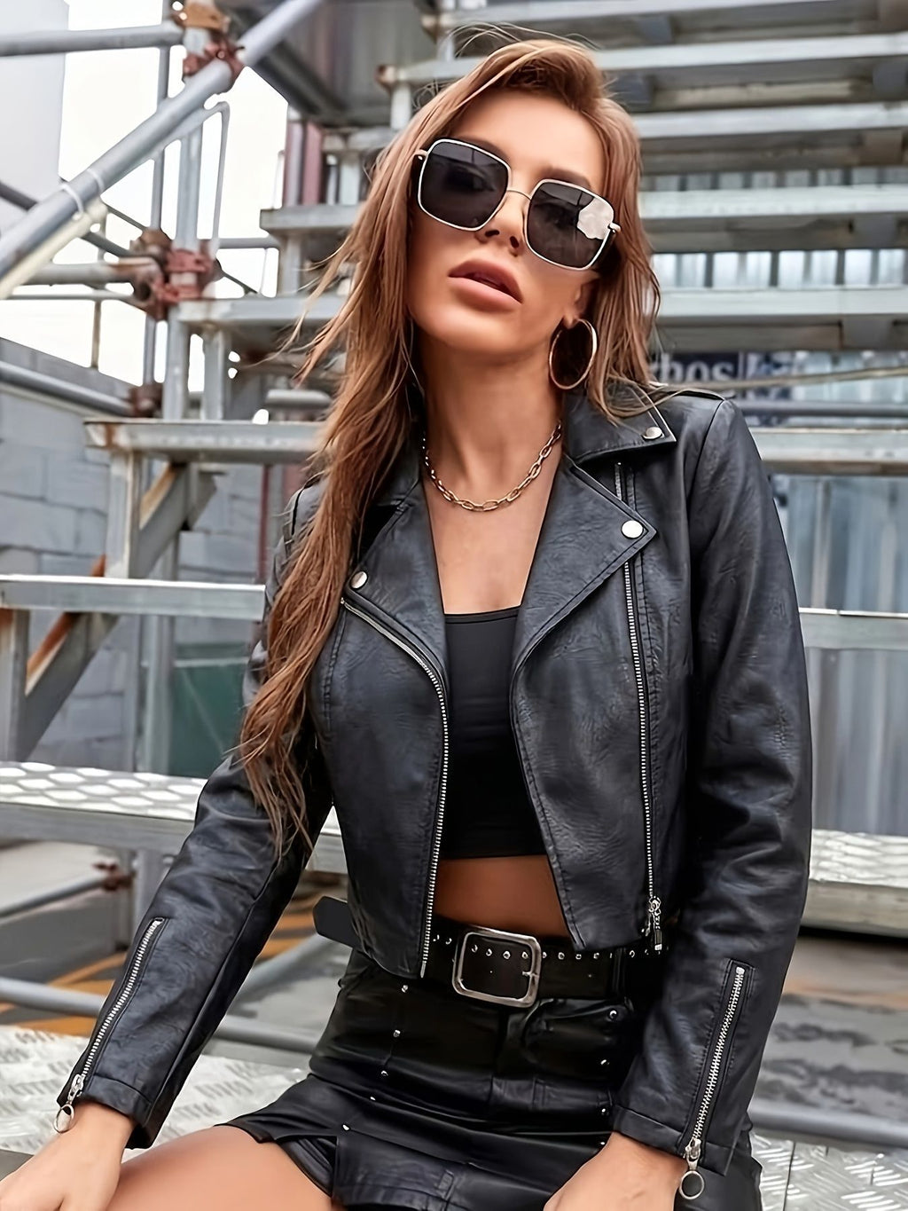 Cropped black faux leather moto jacket with snap lapels and zip front detailing