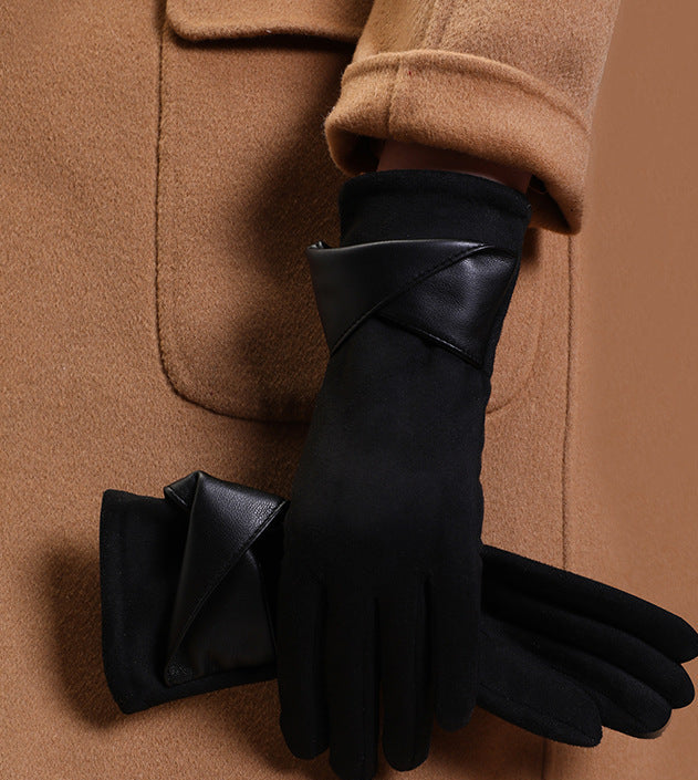 Women’s black velvet gloves with stitched cuff and finger panel seams