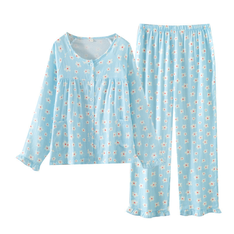 Women’s floral cotton pajama set, light blue with small flowers, button-front top and pants