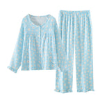 Women’s floral cotton pajama set, light blue with small flowers, button-front top and pants