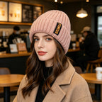 Chunky ribbed beanie in dusty pink with folded cuff and letter patch