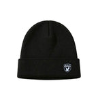 Black ribbed knit beanie with front logo patch