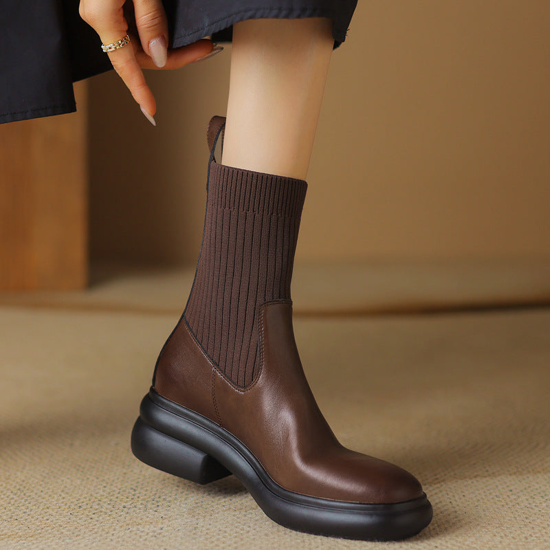Women's brown leather sock boots with ribbed knit ankle shaft and chunky platform sole