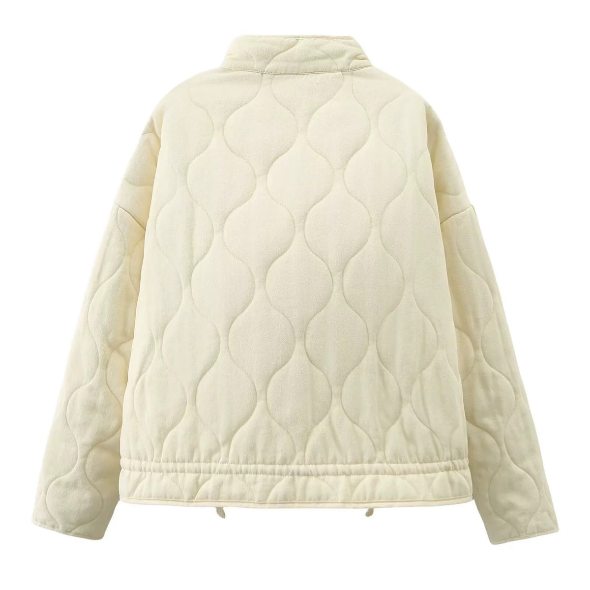 Off-white quilted back view stand-collar zip-up jacket with elastic hem and long sleeves.