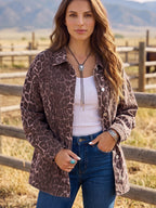 Brown leopard-print denim shacket with button front and chest pocket, oversized fit