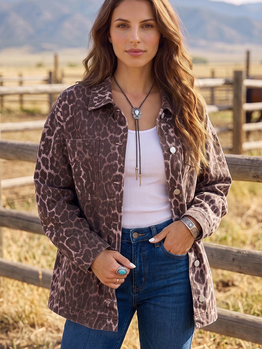 Brown leopard-print denim shacket with button front and chest pocket, oversized fit