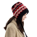 Fair Isle knit earflap bonnet, black with red and cream fair isle stripes