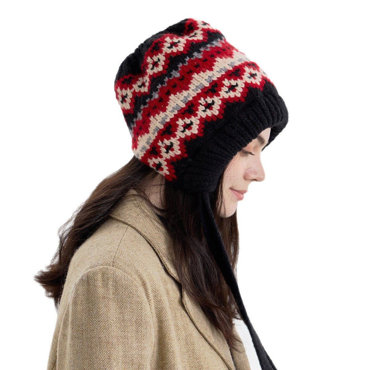 Fair Isle knit earflap bonnet, black with red and cream fair isle stripes