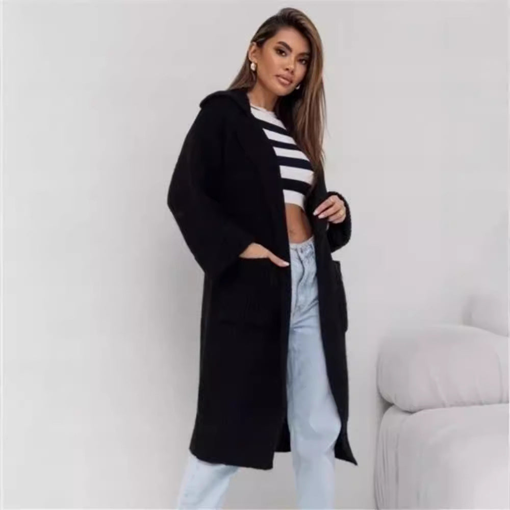 Black long duster cardigan, chunky ribbed knit, notched collar, side pockets