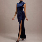 Navy velvet maxi dress with mock neck, sleeveless ruched bodycon silhouette, high slit