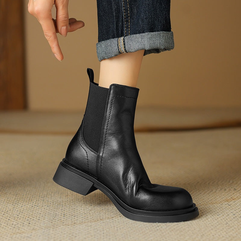 Women’s black leather Chelsea boots, round toe, pull-on ankle boot with block heel