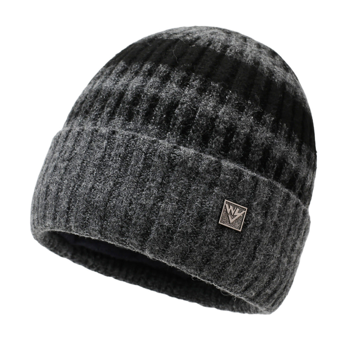 Striped knit beanie in dark charcoal gray with light pattern and metal badge