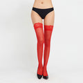 Red sheer thigh-high stockings with lace tops, matching brief set shown