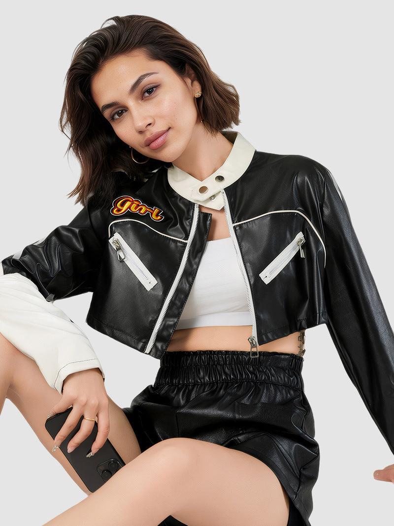 Cropped faux leather racer jacket, contrast trim, front zip and zip pockets