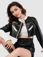 Cropped faux leather racer jacket, contrast trim, front zip and zip pockets