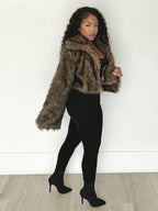 Brown shaggy faux fur cropped jacket with large lapel, open front