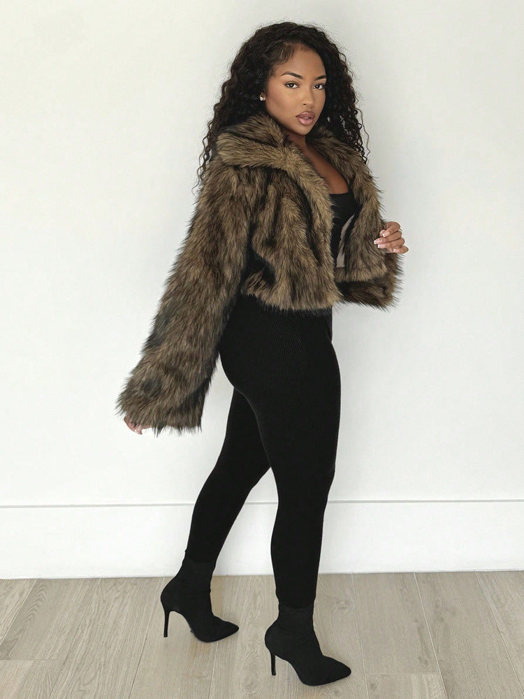 Brown shaggy faux fur cropped jacket with large lapel, open front