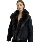 Cropped bomber jacket with faux fur collar, black nylon, front zipper and pockets