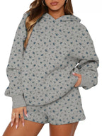 Women's gray floral fleece hoodie and shorts set, oversized hood and front pouch pocket