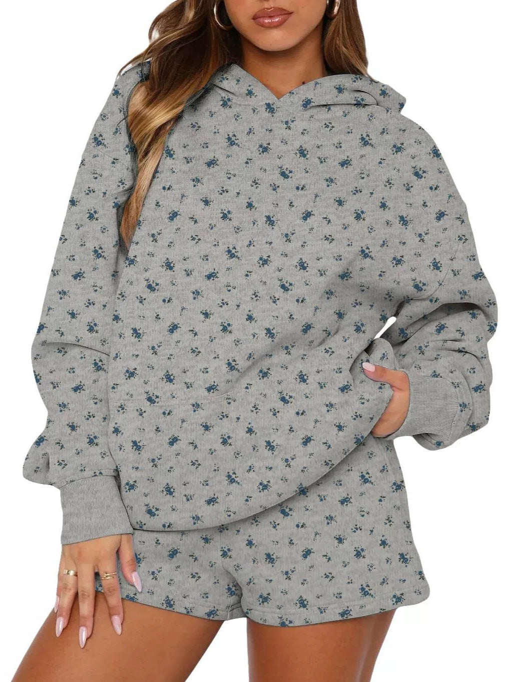 Women's gray floral fleece hoodie and shorts set, oversized hood and front pouch pocket