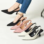 Tweed slingback pumps with pointed toe, flared heel, black and pink, chain strap
