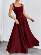 Burgundy sleeveless square-neck long dress with fitted bodice and flared skirt