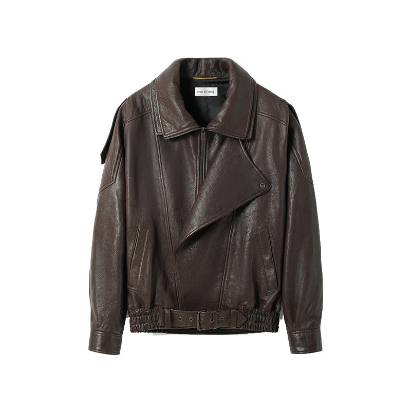 Dark brown leather short motorcycle jacket with double collar, asym zip, and belt