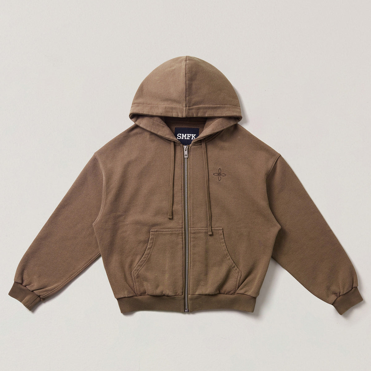 Brown zip-up hoodie with hood and kangaroo pocket, embroidered chest detail.