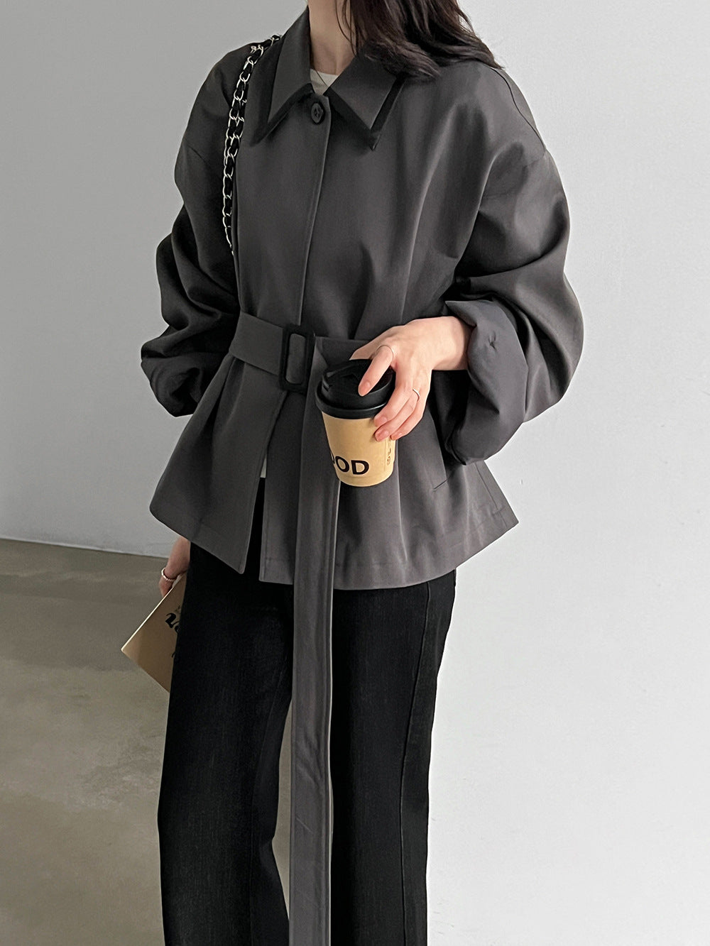 Cropped belted trench jacket in dark gray with contrast collar and oversized sleeves