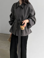 Cropped belted trench jacket in dark gray with contrast collar and oversized sleeves