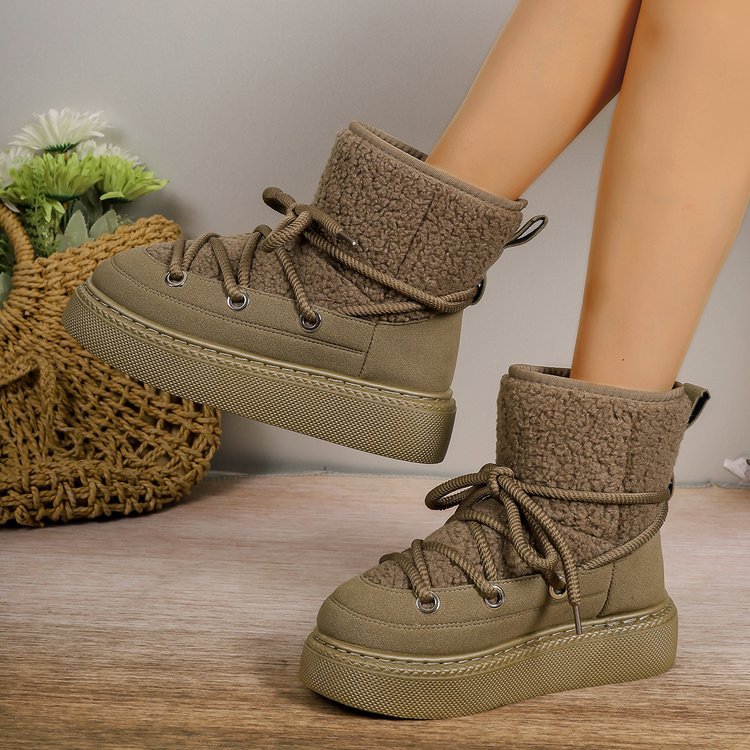 Tan sherpa lace-up snow boots with wrap laces, sherpa collar, and platform sole