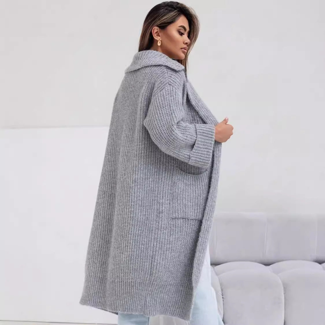 Gray long duster cardigan, chunky ribbed knit with notched collar and side pockets