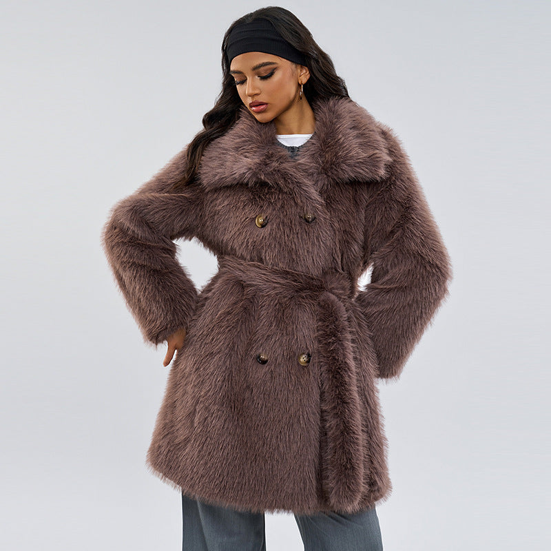 Shaggy faux fur women’s coat in taupe-brown, wide collar, double-breasted, belt tie