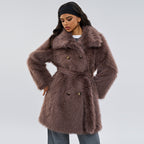 Shaggy faux fur women’s coat in taupe-brown, wide collar, double-breasted, belt tie