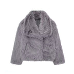 Lavender-gray cropped faux fur jacket with oversized collar and button front.