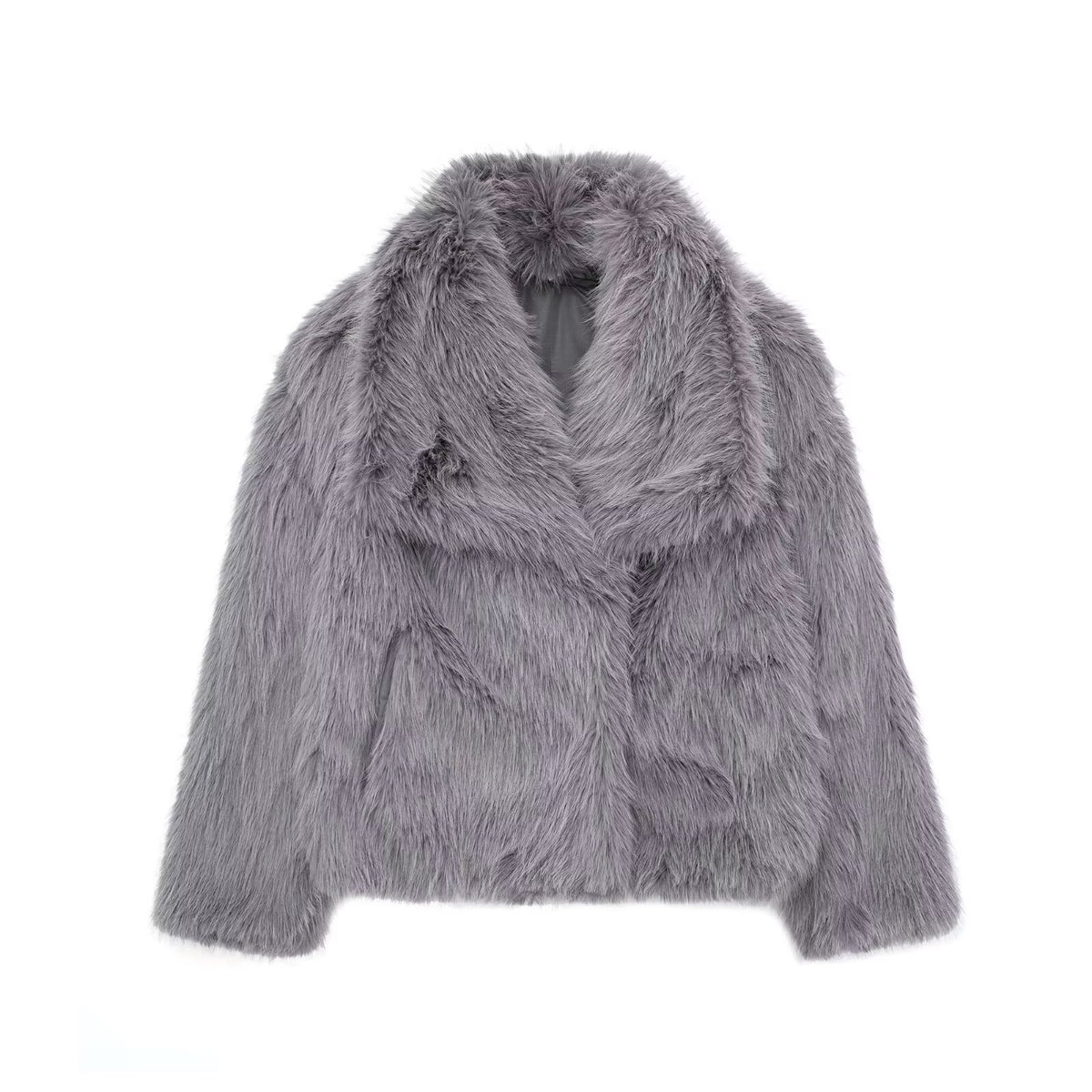 Lavender-gray cropped faux fur jacket with oversized collar and button front.