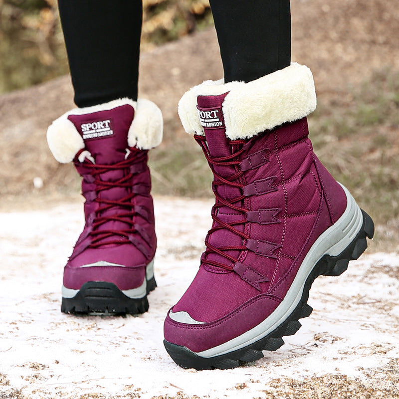 Burgundy mid-calf snow boots with faux-fur cuff, lace-up front, and grippy lug sole