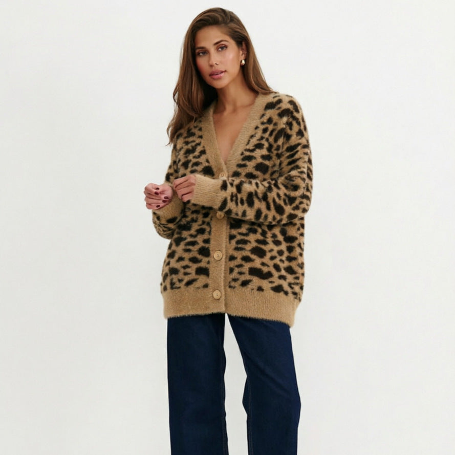 Fuzzy leopard-print cardigan with V-neck and button front, tan and black spots